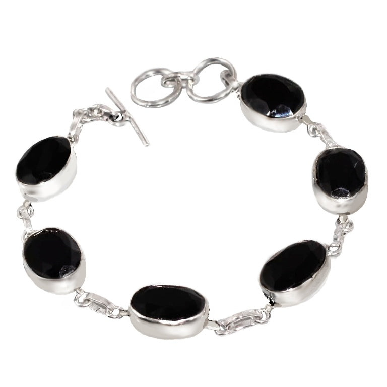 Handmade Natural Faceted Black Onyx Gemstone .925 Silver Bracelet