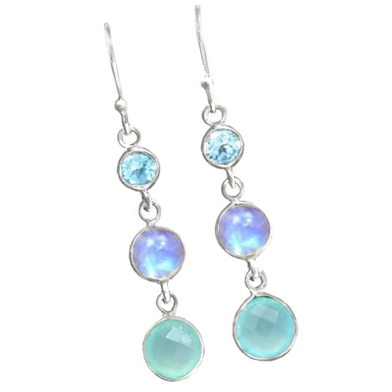 Natural Unheated Aqua Chalcedony, Blue Topaz , Rainbow Moonstone Gemstone Solid .925 S/ Silver Earrings