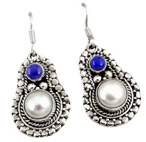 Natural White Pearl , Lapis Lazuli Solid .925 Sterling Silver Earrings