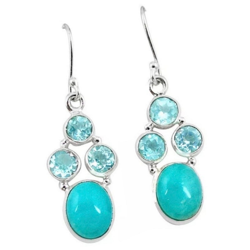 Natural Caribbean Larimar, Blue Topaz Solid .925 Sterling Silver Earrings