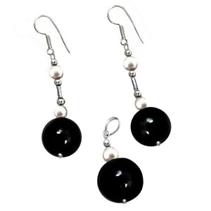 Natural Round Black Onyx, White Pearl .925 Silver Pendant & Earrings Set