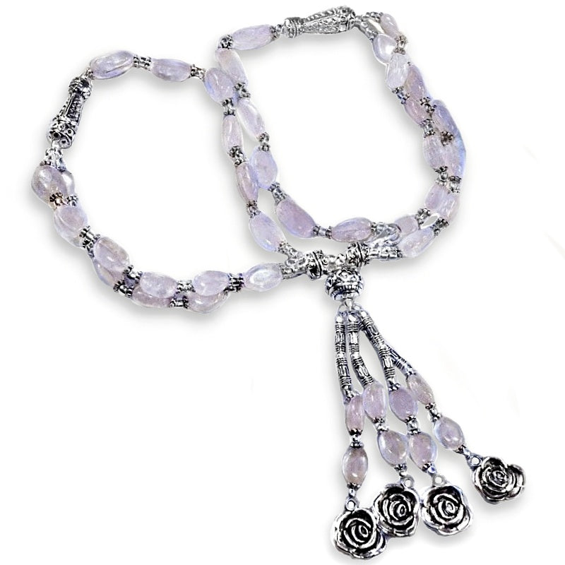 Handmade Rose Quartz Oval Gemstone Beads  and Rose Charms Necklace in .925 Silver