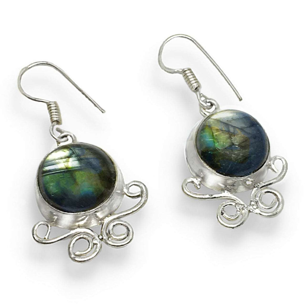 Natural Blue Fire Labradorite Round Gemstone . 925 Silver Earrings