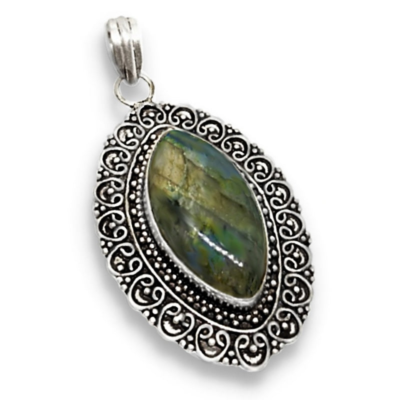 Natural Marquise Fiery Labradorite Gemstone .925 Silver Pendant