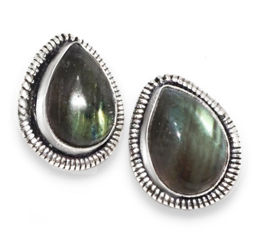 Natural Fiery Labradorite Gemstone Pear .925 Silver Stud Earrings