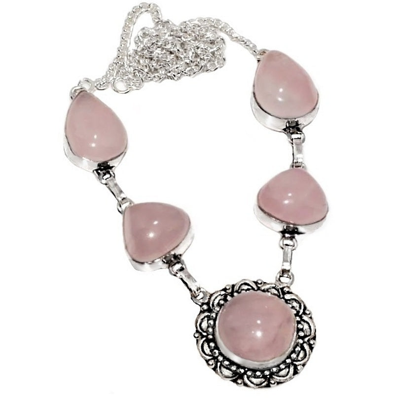 Natural Feminine Pink Rose Quartz Dainty Necklace .925 Sterling Silver