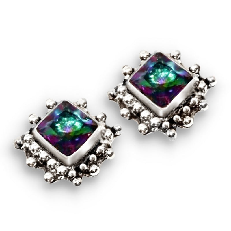 Handmade Antique Style Rainbow Mystic Topaz  925 Silver Stud Earrings