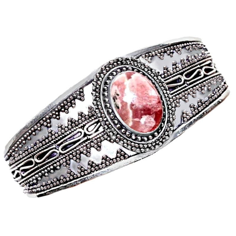 Natural Rhodochrosite Gemstone .925 Sterling Silver Cuff Bangle