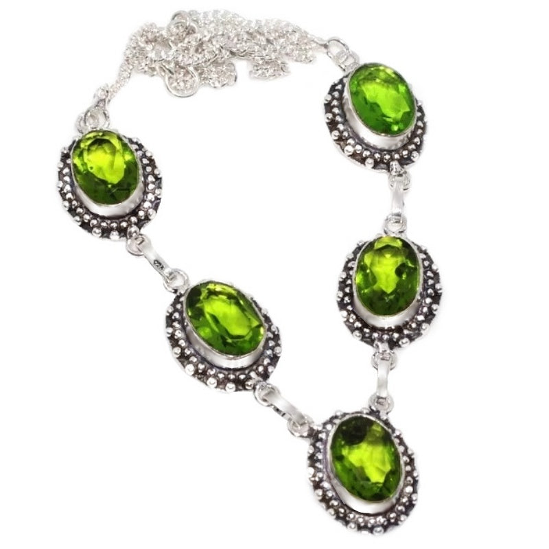 Handmade Antique Style Faceted Ovals Peridot Gemstone .925 Silver Necklace