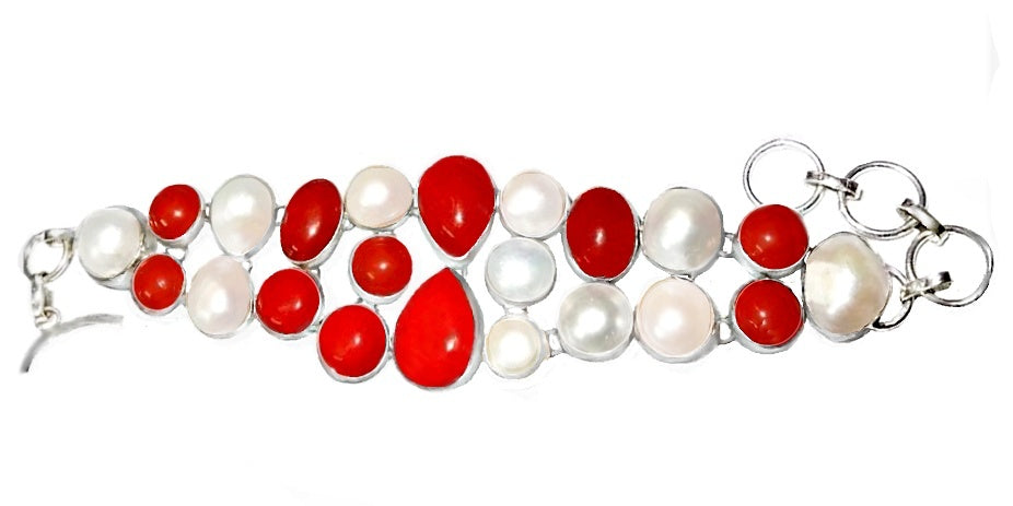 Handmade Red Coral  and White Pearl Gemstone .925 Sterling Silver Bracelet