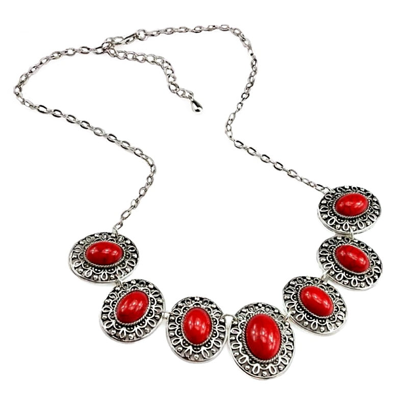 Vibrant Red Turquoise Gemstone Silver Fashion Necklace