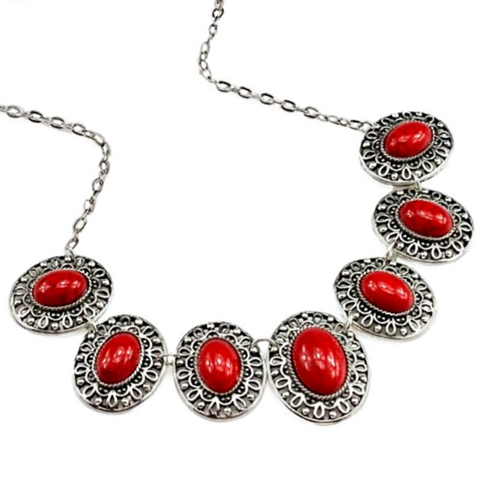 Vibrant Red Turquoise Gemstone Silver Fashion Necklace