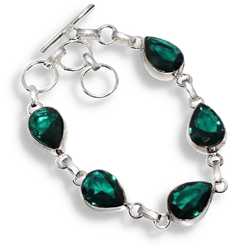 Faceted Emerald Quartz Pears Gemstone .925 Silver Bracelet