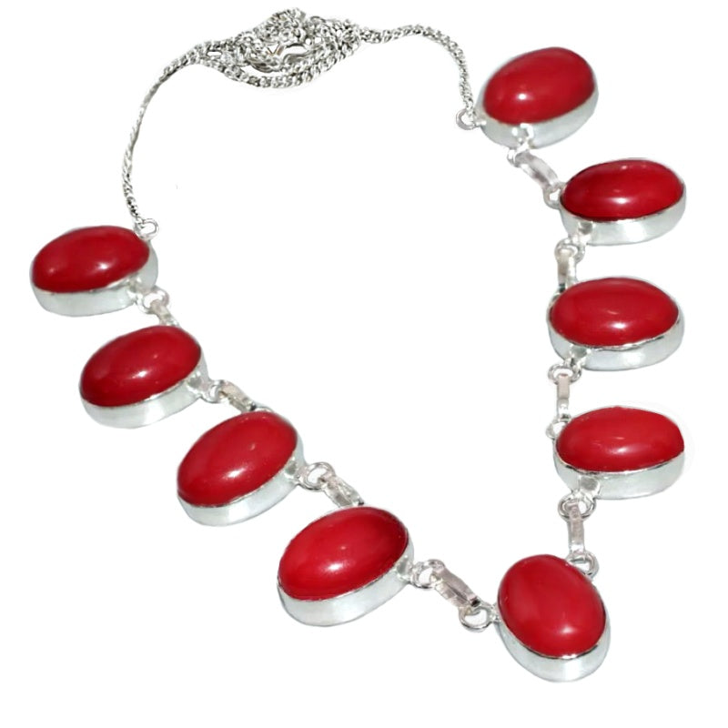 Handmade Elegant Vibrant Red Coral Oval Gemstone .925 Sterling Silver Necklace