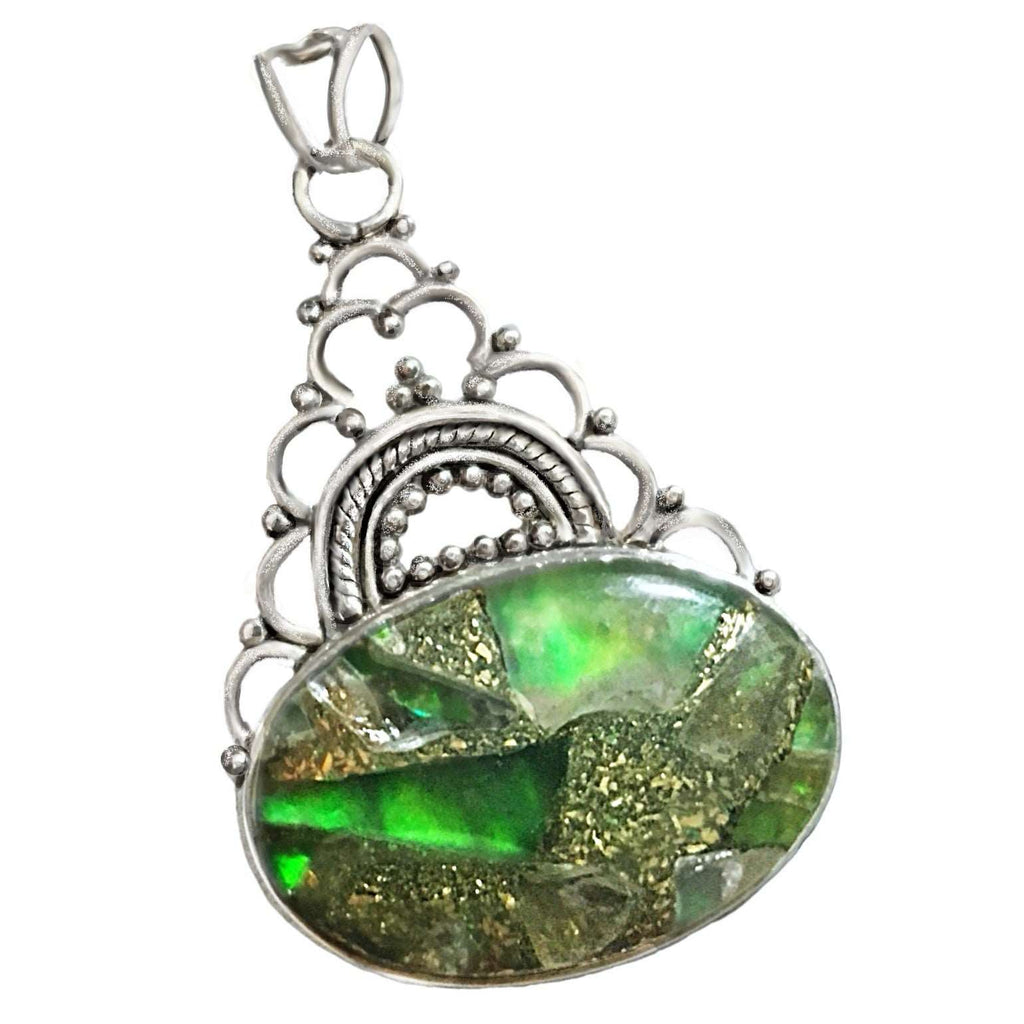 Indonesian Bali Java Green Copper Turquoise In Solid 925 Sterling Silver Pendant