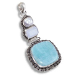 Natural Peruvian Amazonite, Opalite And Biwa Pearl .925 Sterling Silver Pendant