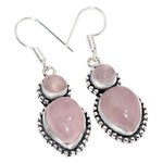 Natural Pink Rose Quartz Gemstone Antique Style .925 Silver Earrings