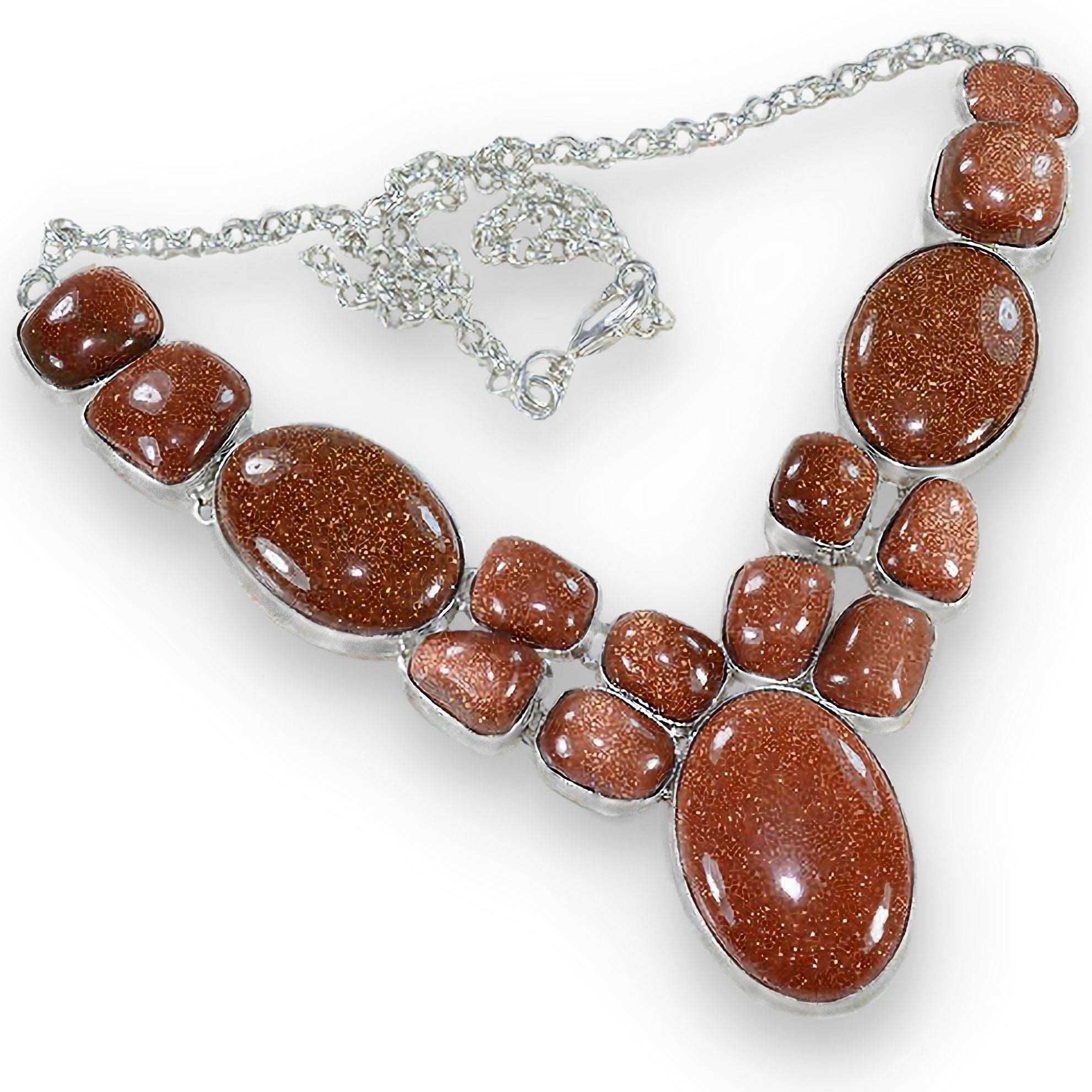 Captivating Mixed Shapes Goldstone Sun Sitara set in .925 Sterling Silver Necklace