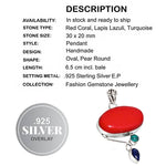 Vibrant Red Coral, Lapis Lazuli, Turquoise Gemstone .925 Silver Pendant