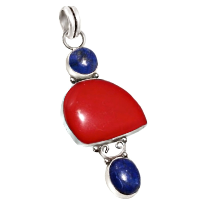 Handmade Red Coral, Lapis Lazuli Gemstone .925 Silver Pendant