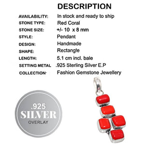 Handmade Geometric Vibrant Red Coral Gemstone .925 Silver Pendant