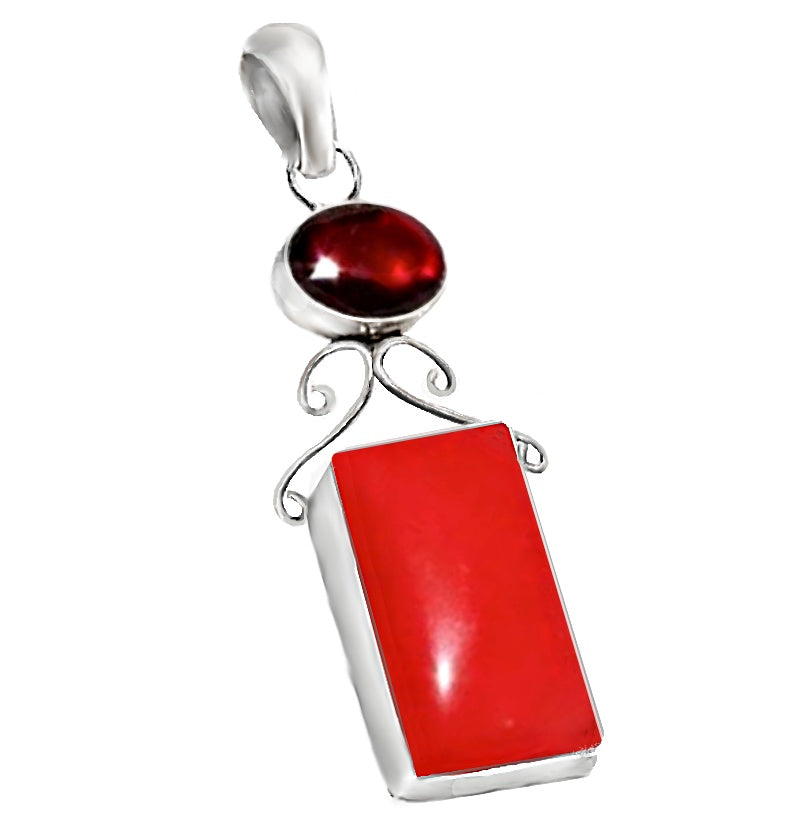 Handmade Red Coral, Garnet Gemstone .925 Silver Pendant