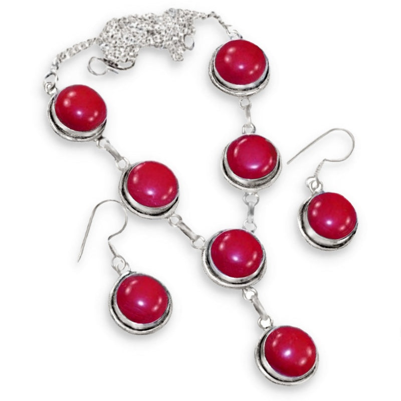 Handmade Vibrant Red Coral Gemstone .925 Silver Necklace And Earrings Set