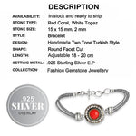 Turkish Style Red Coral, White Topaz Gemstone 925 S /Silver Bracelet