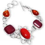 Beautiful Floral Red Coral, Ruby, Amber Gemstone .925 Silver Bracelet