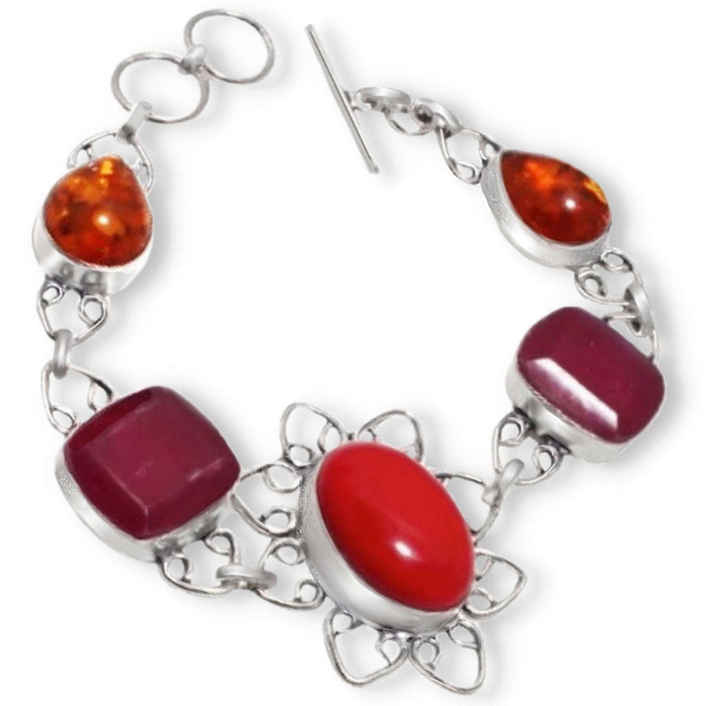 Beautiful Floral Red Coral, Ruby, Amber Gemstone .925 Silver Bracelet