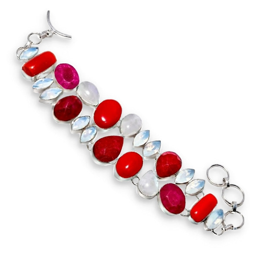 Breathtaking Red Coral,Ruby, Rainbow Moonstone, Opalite Gemstone .925 Silver Bracelet