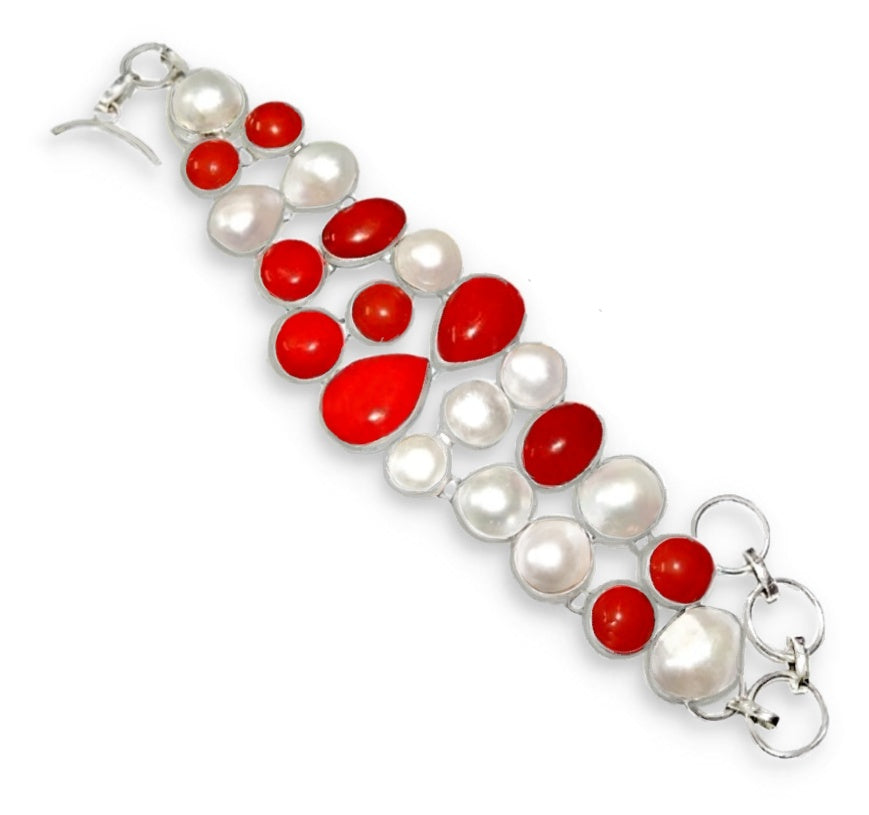 Handmade Red Coral  and White Pearl Gemstone .925 Sterling Silver Bracelet