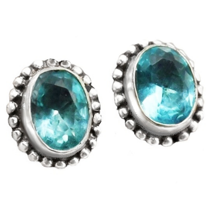 Blue Topaz Oval Gemstone .925 Sterling Silver Plated Studs Earrings