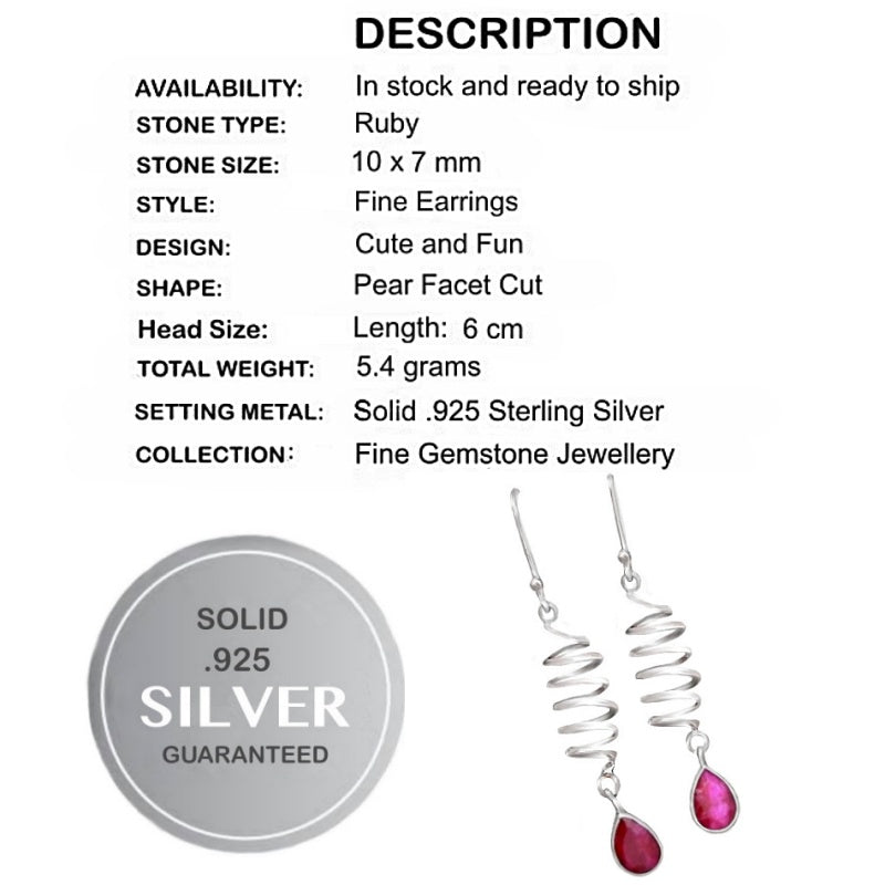 Trendy Spiral Accent Faceted Red Ruby Oval Gemstone Solid .925 Sterling Silver Earrings