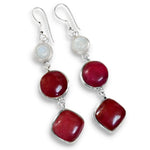 Handmade Indian Cherry Red Ruby, Moonstone Earrings Set in .925 Silver