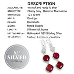 Handmade Indian Cherry Red Ruby, Moonstone Earrings Set in .925 Silver