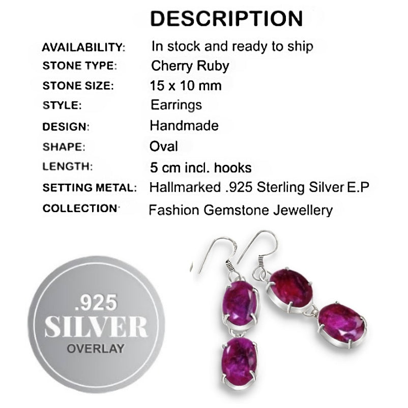 Handmade Indian Cherry Red Ruby Set in .925 Silver Plated Earrings