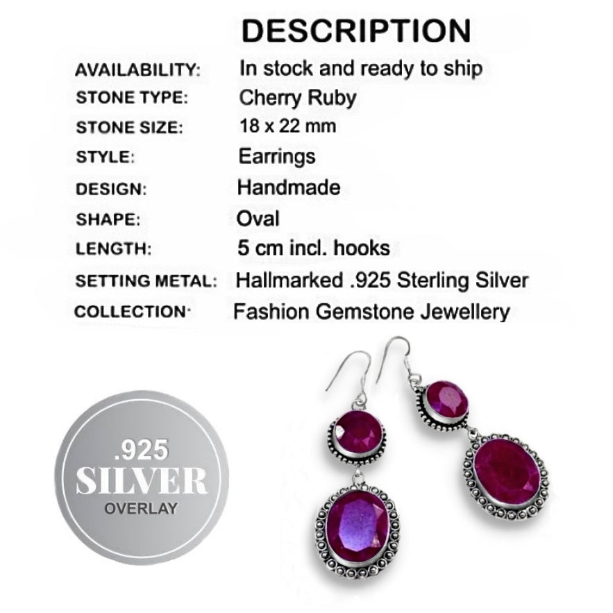 Indian Cherry Red Ruby, Earrings Set in .925 Silver