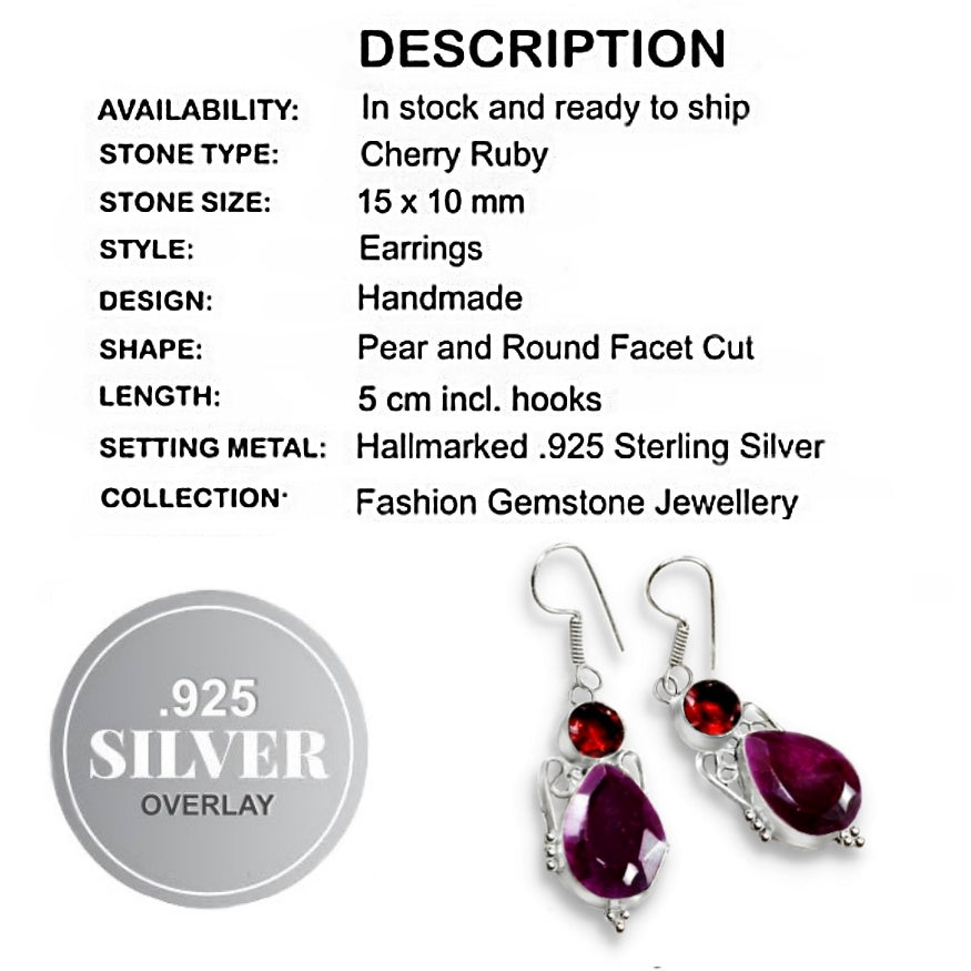 Indian Cherry Ruby Gemstone Earrings Set in .925 Silver