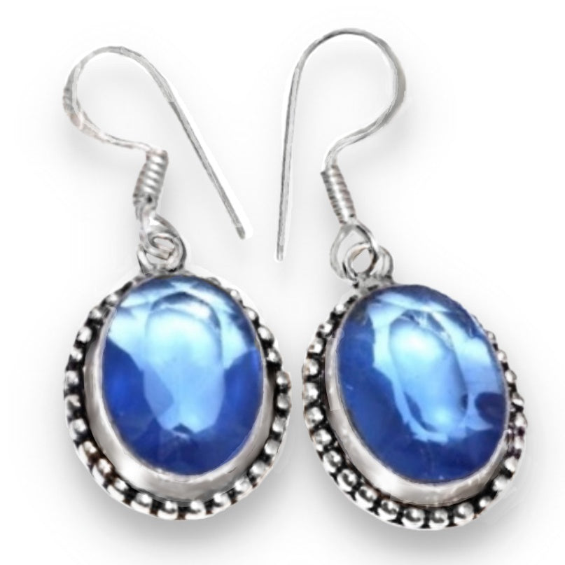 Handmade Faceted Blue Quartz Oval .925 Silver Earrings