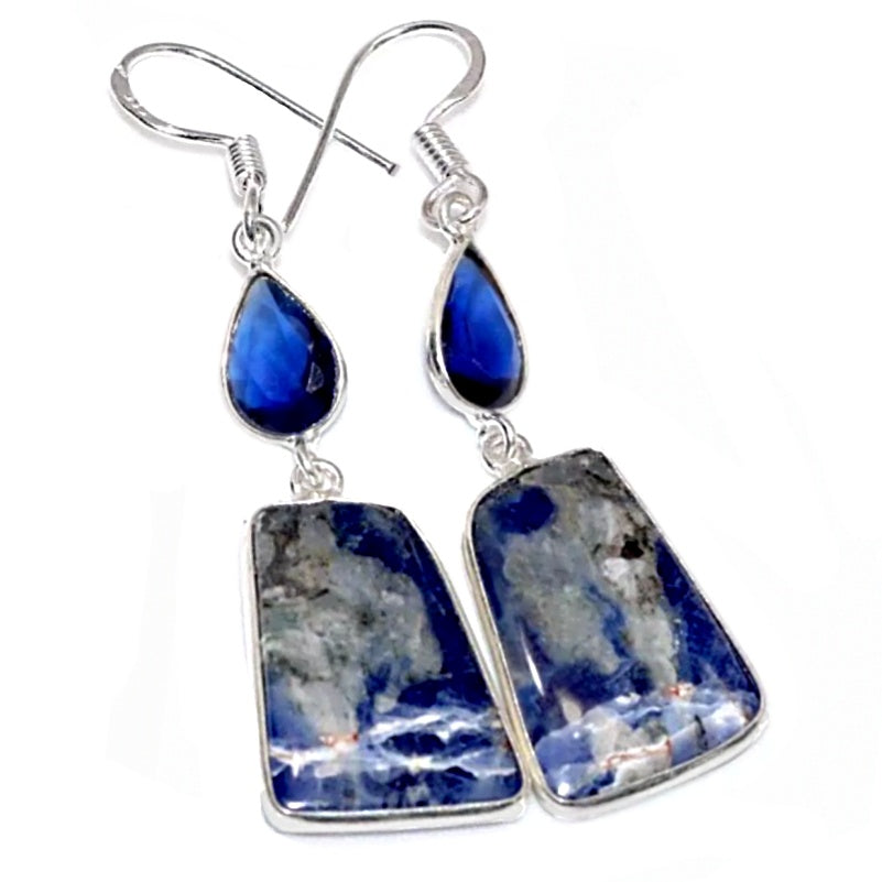 Natural Sodalite, Sapphire Quartz .925 Silver Earrings