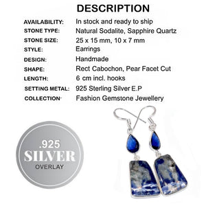 Natural Sodalite, Sapphire Quartz .925 Silver Earrings