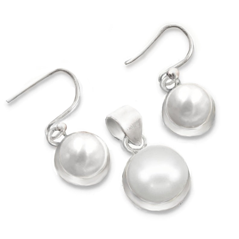 Dainty Natural White Pearl,  Solid .925 Sterling Silver Pendant & Earrings Set