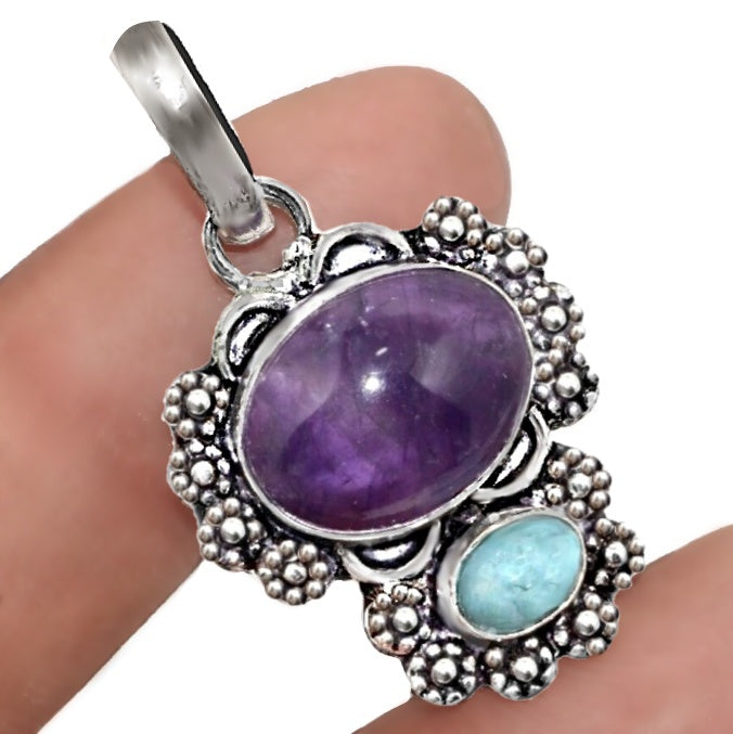 Natural Purple Amethyst, Caribbean Larimar Gemstone .925 Silver Pendant