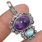 Natural Purple Amethyst, Caribbean Larimar Gemstone .925 Silver Pendant