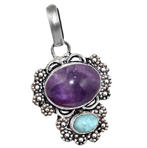 Natural Purple Amethyst, Caribbean Larimar Gemstone .925 Silver Pendant