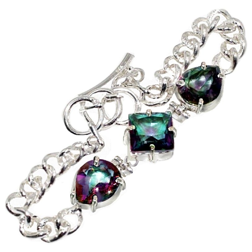 Handmade Mixed Shapes Rainbow Mystic Topaz Gemstone .925 Sterling Silver Bracelet