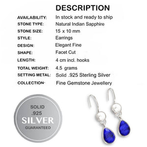 Natural Indian Blue Sapphire Gemstone Solid .925 Sterling Silver Earrings