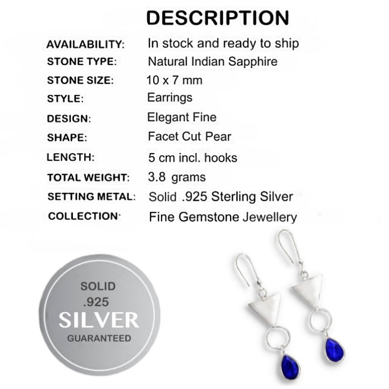 Trendy Natural Indian Sapphire Gemstone Solid .925 Silver Earrings