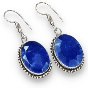 Handmade Indian Sapphire Oval Gemstone 925 Silver Earrings